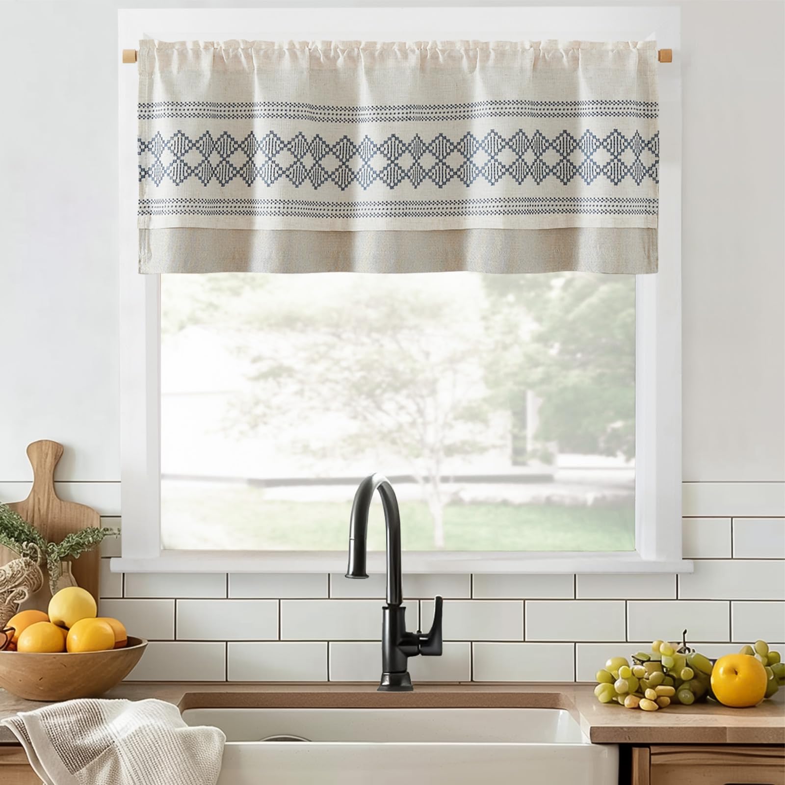 Jinchan Boho Valance Kitchen Valance Curtain For Windows 18 Inch Embroidered Linen Valance For Living Room Bedroom Bathroom Doouble Layer Blackout Farmhouse Curtain Rod Pocket 1 Panel Blue On Beige